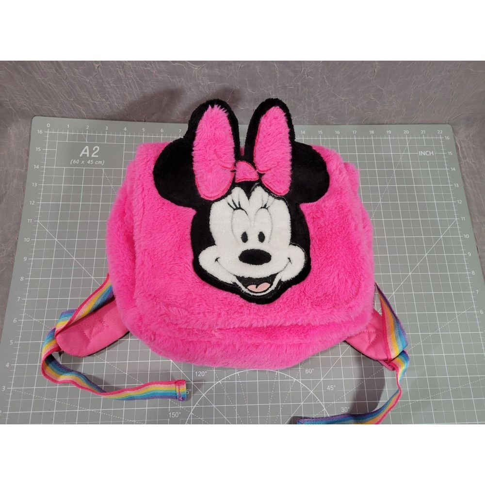Disney Store Minnie Mouse Small BACKPACK Fluffy Pink Exterior Rainbow Staps